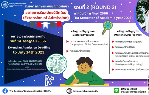 ขยายเวลาการรับสมัครนิสิตใหม่ หลักสูตรระดับบัณฑิตศึกษา รอบที่ 2  ภาคต้น...